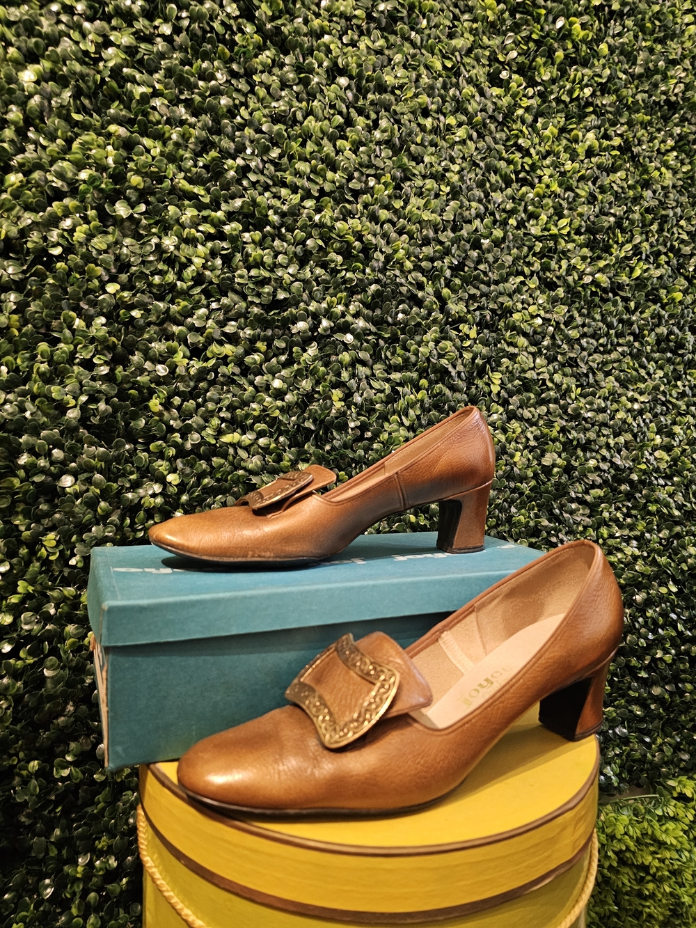 Brown Leather Mid Heel Pumps with Gold Buckle